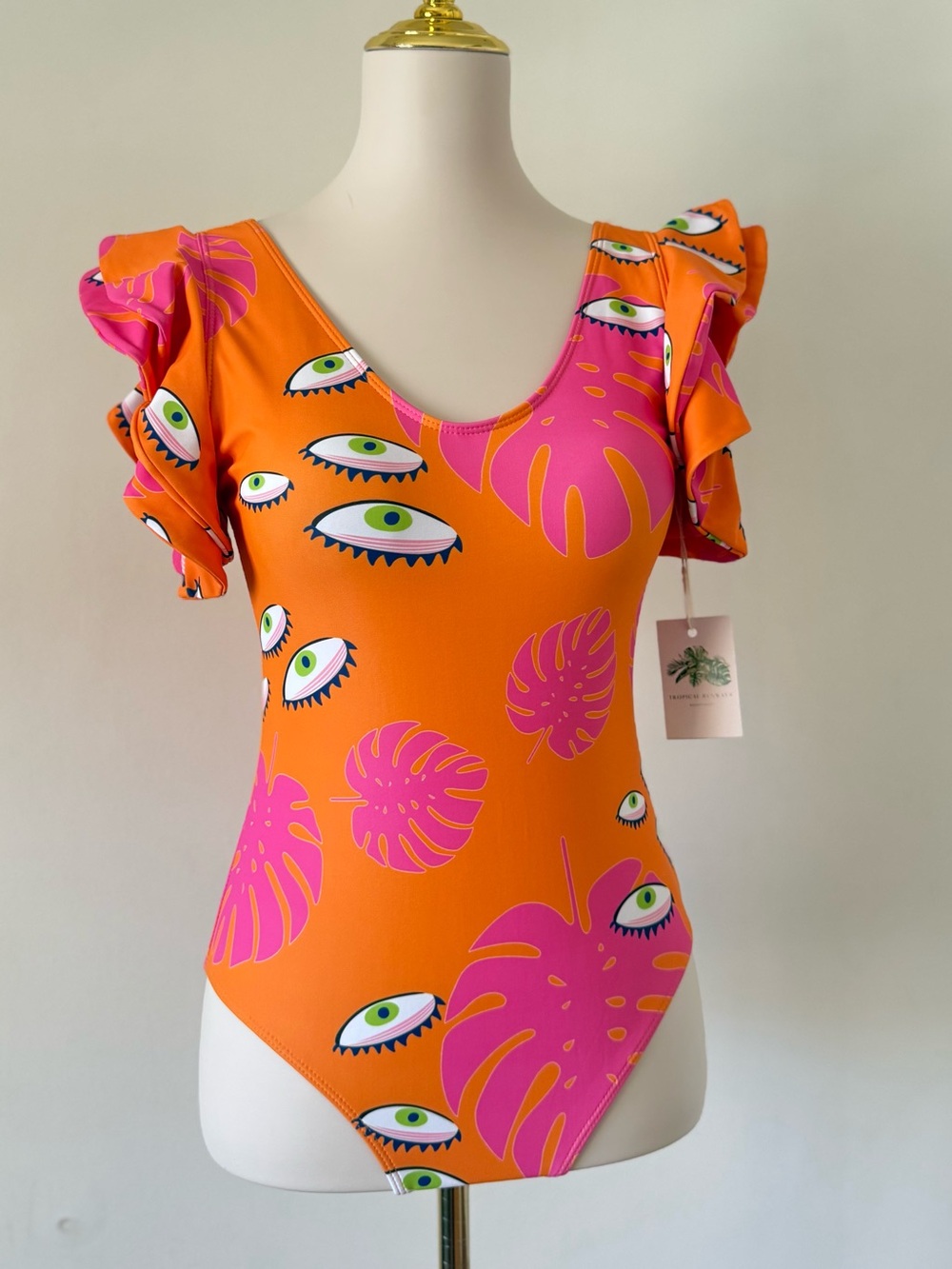 NWT ! Size S Vibrant Orange & Pink Eye Print Ruffle Sleeve One-Piece Swimsuit